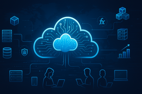 Cloud technology illustration showing connected servers, users, security, and business systems
